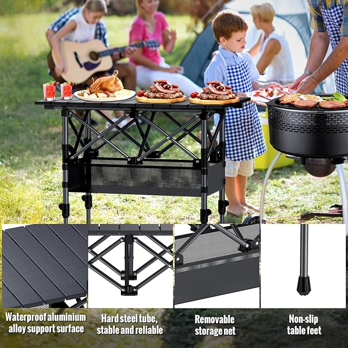 GARLLEN Folding Camping Table 2-Height Adjustable Portable Picnic Table with Roll-up Tabletop Lightweight Aluminum Outdoor Table with Storage Net &amp Carrying Bag for Camping Picnic BBQ