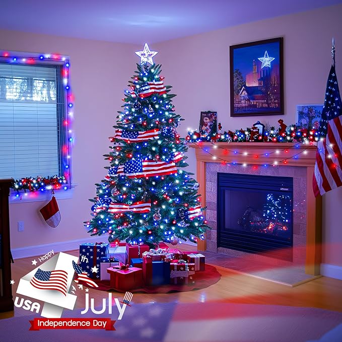 JMEXSUSS Red White and Blue Lights Outdoor Indoor 2 Pack 100 LED 4th of July String Lights Battery Operated Waterproof for Patriotic Decoration Outside House Garden Tree