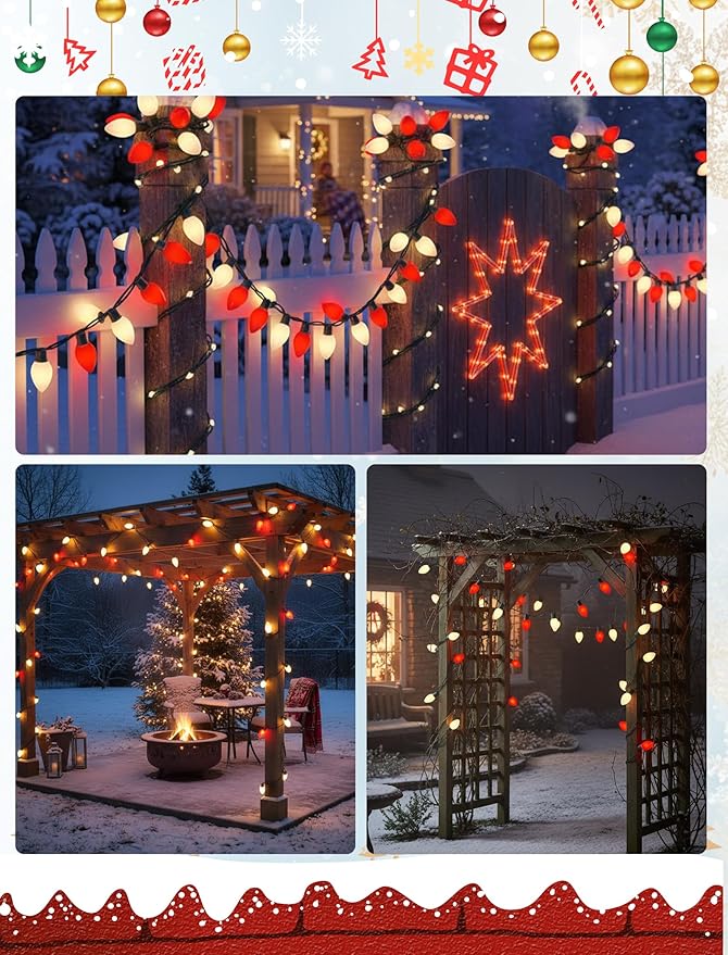 25FT Red and White LED Christmas LightsLED Christmas Lights with 26 C9 Red White Shatterproof Plastic BulbsConnectable Red White String Light for Tree Roofline Indoor Outdoor Decor
