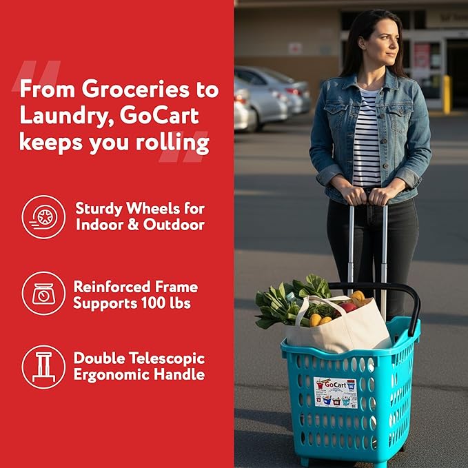 dbest products Bigger GoCart Grocery Cart Rolling Shopping Laundry Basket on Wheels Hamper with Telescopic Handle Cleaning Caddy Trolley Teal Bigger 1 pack