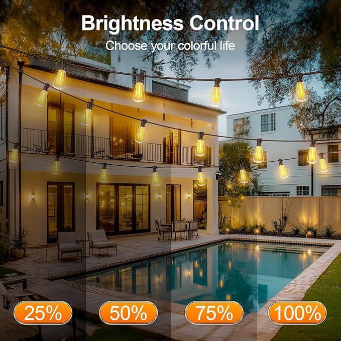 Outdoor String Led Patio Lights - 50Ft 15M Outside Waterproof Light With Remote Dimmable ST38 Shatterproof Bulb Connectable Hanging Outdoor Electric Lighting For Backyard Yard Gazebo Porch Party