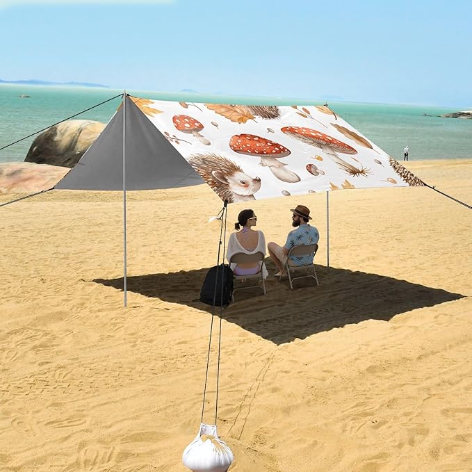 Cute Hedgehogs Beach Tent Sun Shelter 9.2' x 10.5' Beach Canopy with 4 Sandbags 4 Stability Poles Sand Shovels - Tent Canopy for Beach Camping Fishing Picnics