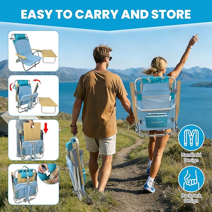 2 Pack Low Backpack Beach Chair with Folding Bamboo Table for Adults 5-Position Lay Flat Reclining Chair Lightweight with Cooler Bag Supports 265 lbs