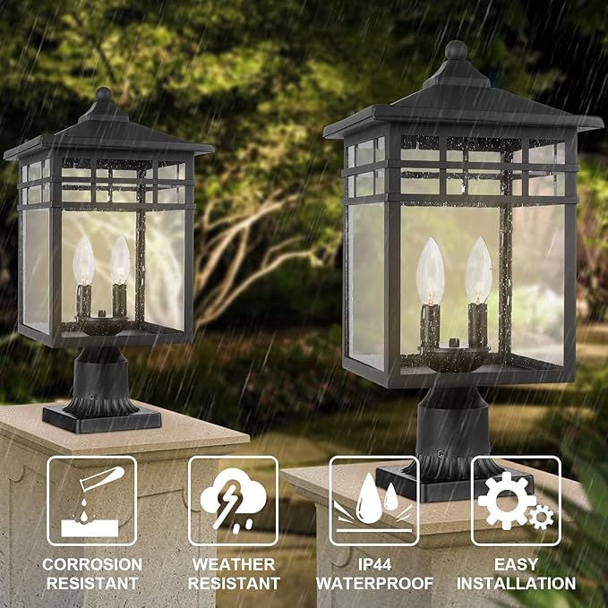 Outdoor Post Light Fixture 2-Light Large Exterior Pillar Lantern with Black Finish &amp Seeded Glass 10 Inch Square Pier Mount Lamp for Garden Backyard Courtyard Patio Deck Pathway Walkway
