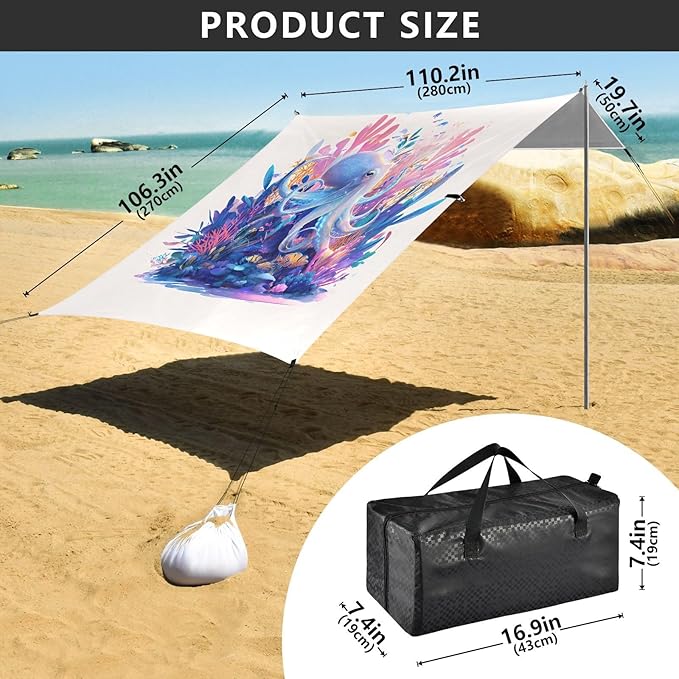 ALAZA Octopus Coral Beach Tent Sun Shelter UPF50+ Protection Beach Shade Canopy w/ 4 Sandbags for Outdoor Camping Fishing Backyard Fun Picnic 10x9 ft