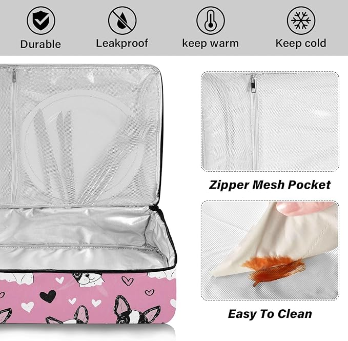 Casserole Carrier Pink Dog White HeartsInsulated Casserole Carrier for Hot or Cold Food Thermal Lunch Tote for Potluck Parties Picnic Beach Fits 9 x 13 Inches Baking Dish