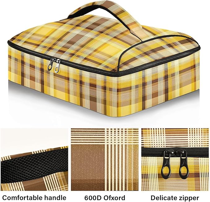 Casserole Carrier Print Yellow and Brown Tartan Pattern Insulated Casserole Carrier for Hot or Cold Food Thermal Lunch Tote for Parties Picnic Travel Carry Bag