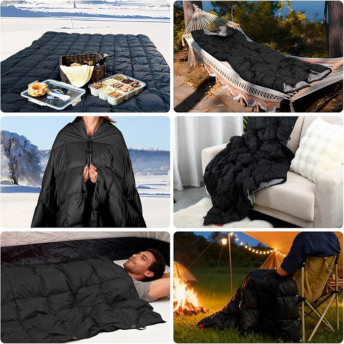 Down Camping Blanket - Lightweight Packable Warm &amp Puffy Outdoor Travel Quilt for Sleep Hiking Backpacking Stadium Festivals Water-Resistant Sleeping Bag 55x79