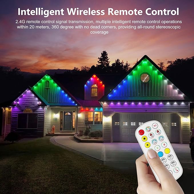 ASLONG Permanent Outdoor Lights with App &amp Remote 100ft Smart Eaves Lights with RGBW LEDs Endless Light Colors Daily and Accent Lighting IP67 Waterproof for Halloween Christmas Holiday Part