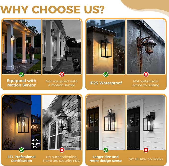 DORESshop Large Size Motion Sensor Outdoor Wall Lights 16 Inch Matte Black Waterproof Anti-Rust Outdoor Light Fixtures Wall Mount with Clear Glass Shade for Porch Garage ETL Listed 2 Pack
