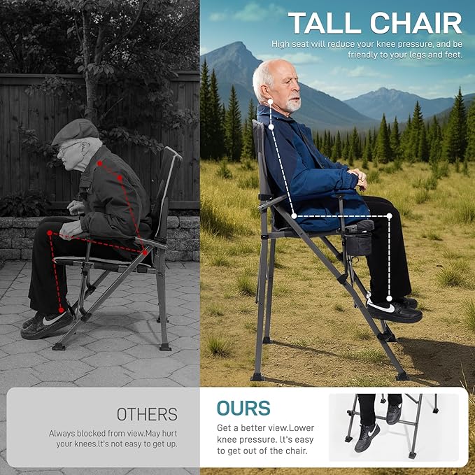 EVER ADVANCED Tall Camping Folding Chair 31 Portable Directors Chair Bar Height Camping Chair with Carry Bag and Footrest Armrest Heavy Duty Supports 300 Lbs Grey