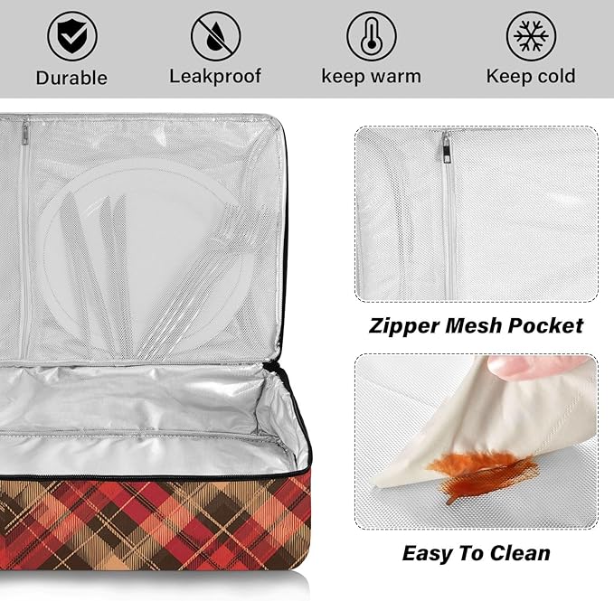 Casserole Carrier Print Red and Brown Tartan Pattern Insulated Casserole Carrier for Hot or Cold Food Thermal Lunch Tote for Parties Picnic Travel Carry Bag