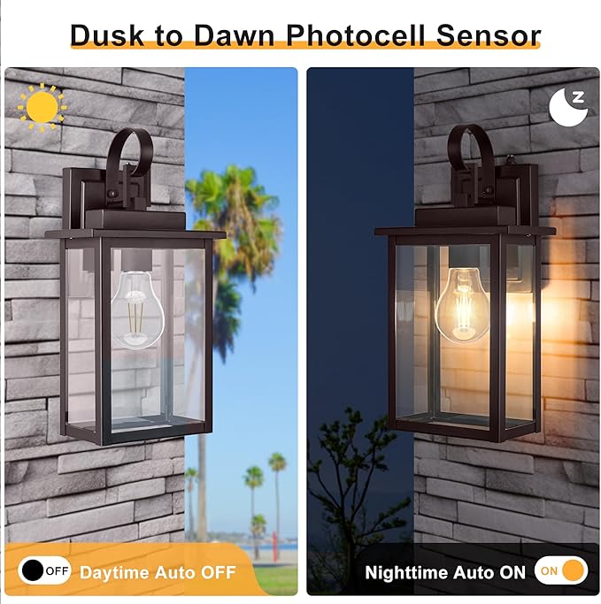 𝟭𝟱𝗜𝗡 Dusk to Dawn Outdoor Wall Light Fixture (Bulb Include) Exterior Waterproof Sconces Outdoor Porch Wall Mounted Lighting Modern Black Wall Lamp for House Doorway Garage (Brown)