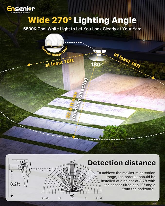 Ensenior Solar Lights Outdoor 2600LM Motion Sensor Outdoor Light with Remote Control IP65 Waterproof 279 LED 4 Heads Solar Security Light with 4 Mode 270° Wide Angle Solar Flood Light 2 Packs
