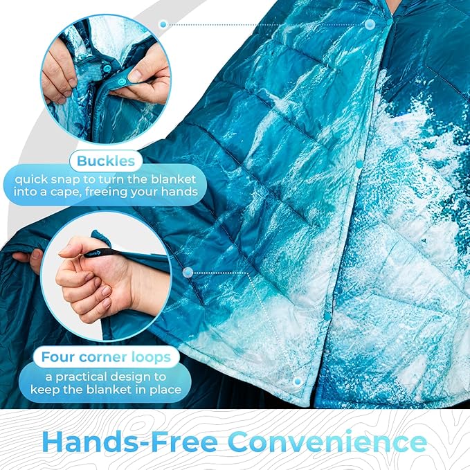KingCamp 2 Pack Ultralight Camping Blankets Packable Down Alternative Puffy Wearable Quilts with Snap Buttons Weatherproof for Outdoor Travel Hiking &amp Stadium (69x53 Charcoal + 79x57 Seawav