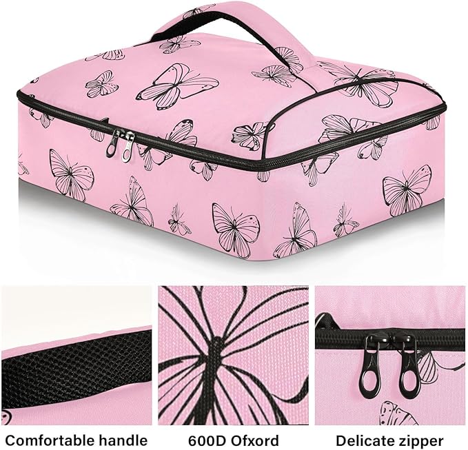 Casserole Carrier Beautiful Pinkish Pattern ButterfliesInsulated Casserole Carrier for Hot or Cold Food Thermal Lunch Tote for Potluck Parties Picnic Beach Fits 9 x 13 Inches Baking Dish