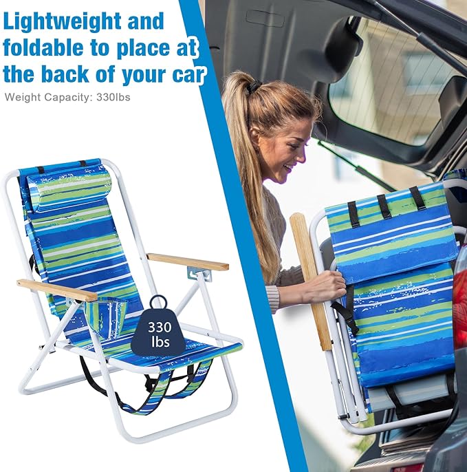 Folding Beach Chair Adjustable Headrest w/Tilt Angle Cup Holder Portable High Strength Cleanable Fabric for Sand Camping Lawn Concert Travel Festival (Blue Stripe 1)