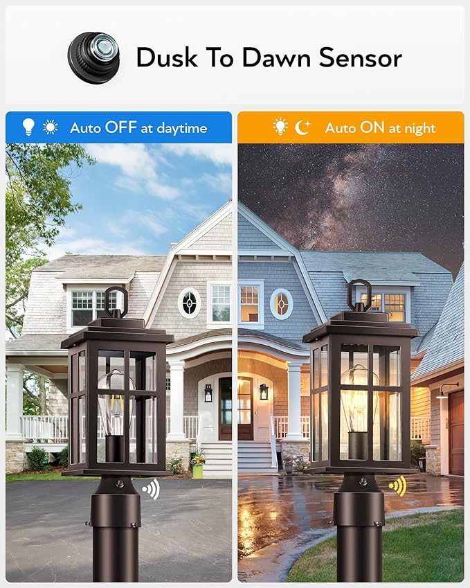 Dusk to Dawn Outdoor Post Lights Bronze Outdoor Lamp Post with Pier Mount Base Waterproof Lamp Posts Outdoor Lighting with Tempered Glass for Garden Porch Patio(Hardwired 120V Not Solar)
