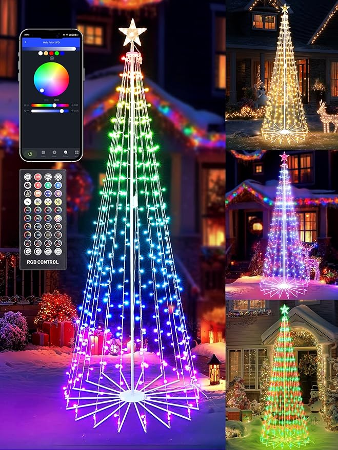 Flacchi 7.8FT Smart Christmas Tree Lights - Star Tree Topper with Removable Bracket App Control Sync with Music Waterfall Colored Lights for Indoor Outdoor Xmas Decorations (7.8FT/ String Lights)