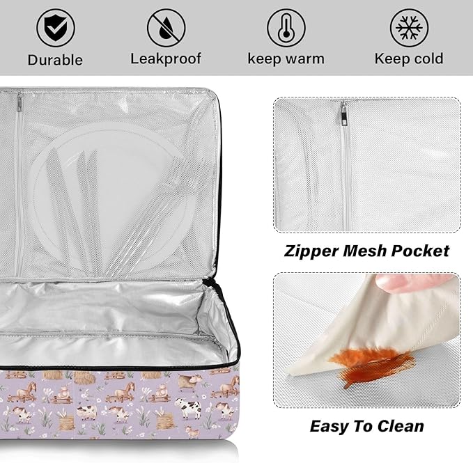 Casserole Carrier Farm PatternInsulated Casserole Carrier for Hot or Cold Food Thermal Lunch Tote for Potluck Parties Picnic Beach Fits 9 x 13 Inches Baking Dish