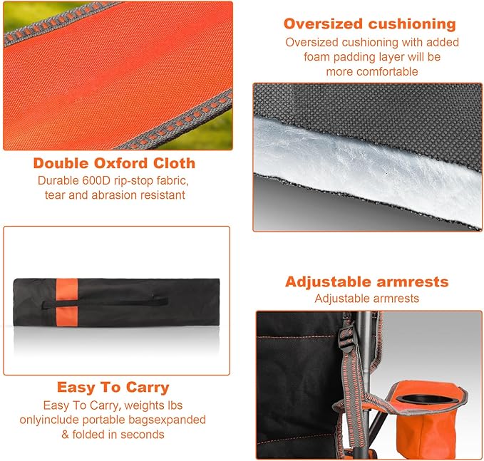 Oversized Padded Camping Chairs for AdultsHeavy Duty Support 400 LbsFolding Portable Lawn Chair w/Cup HolderCooler BagSide PocketPerfect for Outdoor PicnicHiking(Orange)