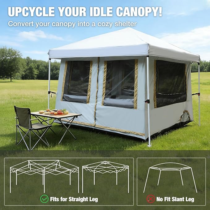 REDCAMP Canopy Camping Tent for Pop Up Canopy Inner Tent with Mesh Window Converts Straight Leg 10ft Canopy into Camping Shelter Fits 4-6 Person Khaki White(Frame/Shelter NOT Included)