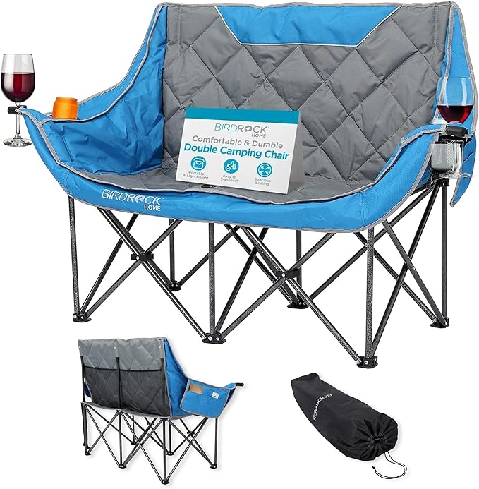 BIRDROCK HOME Double Camping Chair - Double Wine &amp Cup Holders - Blue &amp Grey Durable Padded Fabric Sturdy Frame 650 lb Cap. Storage Spacious Camping Sofa Loveseat for The Beach Sports O