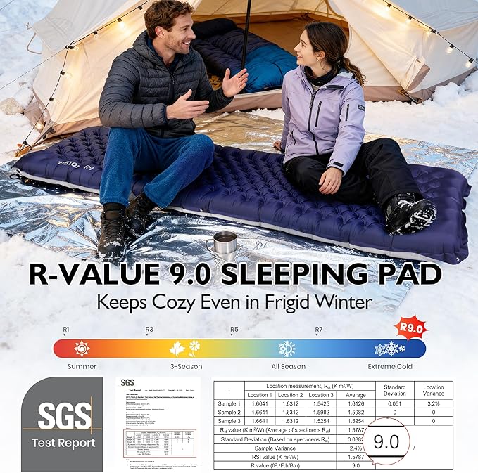 TOBTOS Camping Sleeping Pad with 9.0 R-Value 4 Thick Inflatable Camping Mattress for All Season Compact Insulated Sleeping Mat for Backpacking &amp Hiking (Rectangular)
