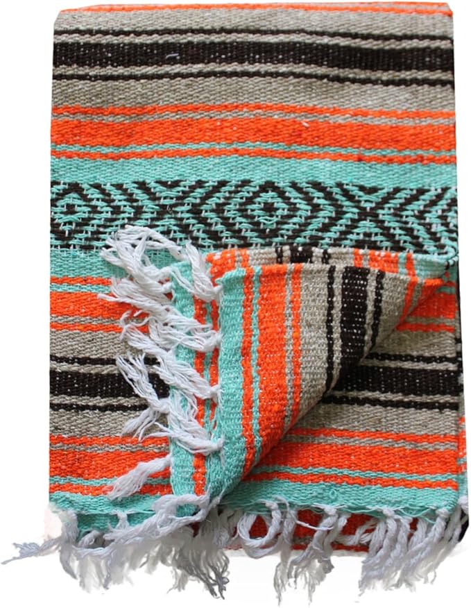 Del Mex Classic Mexican Blanket Large Authentic Woven Falsa Throw (70x50) Artisan Southwest Décor for Beach Yoga Outdoors (Mint/Tan/Orange)