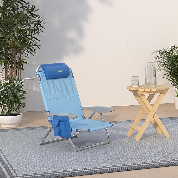 #WEJOY Folding Beach Chair for Adults 4-Position Lightweight Beach Chair Low Beach Chairs with Shoulder Strap Cup Holder and Headrest Supports 265lbs for Beach Lawn (Blue 2Pack)