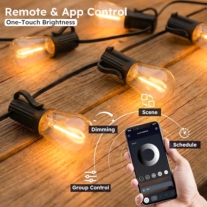 25FT Outdoor String Light with S11 Plastic Bulbs Low-Voltage LED Patio Lights with App &amp Remote Music Sync 4 Lighting Modes Dimmable &amp Waterproof for Backyard Porch Garden Deck Party