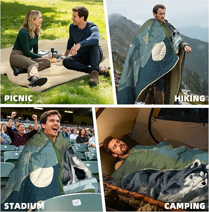 Outdoor Camping Blanket with Sherpa Lining Extra Warm Thick Camp Blankets and Puffy Ultralight Soft Poncho DWR Camping Quilt for Cold Weather Adventure Sleeping Backpacking 78x 56