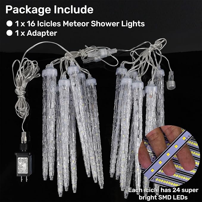 WATERGLIDE 16 Icicles Meteor Shower Lights 12 Outdoor Icicle Christmas Lights 384 SMD LED Crystal Ice Falling Light Connectable Raindrop Iciclelight Xmas Winter Party Tree Holiday Decor White
