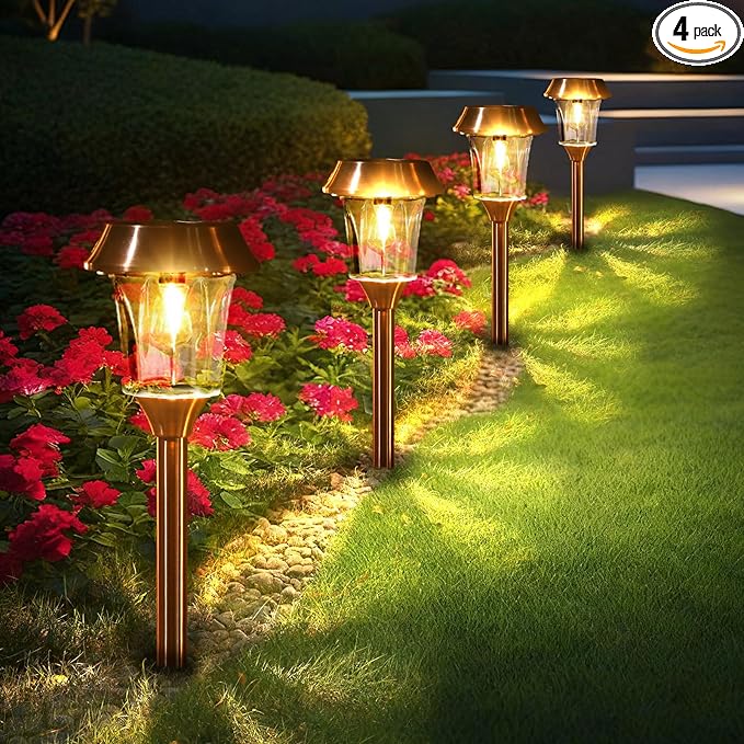 Solar Pathway Lights Outdoor 4 Pack Stainless Steel &amp Glass Solar Garden Lights Auto Dusk to Dawn IP65 Waterproof LED Path Lights for Yard Lawn Walkway Driveway