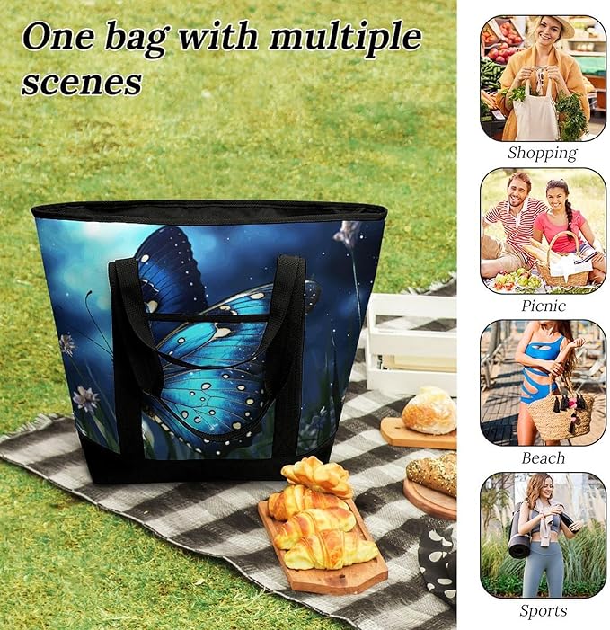 Insulated Shopping BagLarge Reusable Cooler Bags Butterfly Night Printed Foldable Shopping BagTravel Waterproof Shoulder Bag