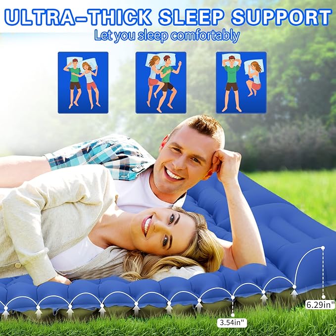 Double Camping Sleeping Pad 4 Inch Thickness Ultra-Portable Easy Inflation No Mouth Blowing Needed