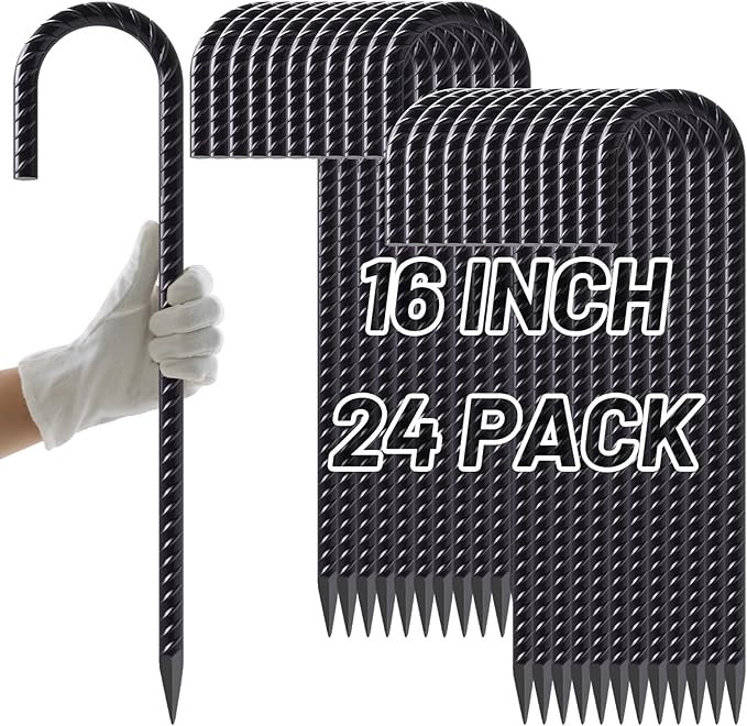 AAGUT Rebar Stakes 16 Inch J Hook Heavy Duty 24 Pack 3/8 Inch Black Coated Metal Steel Ground Anchors Chain Link Fence Stakes for Camping Tent Inflatables Yard Decorations Canopies &amp Swing Set