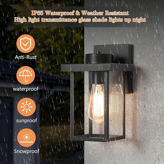 tewei Outdoor Lights for House 11IN Black Exterior Light Fixtures Anti-Rust Waterproof Outdoor Wall Lantern Outside Wall Sconce with Clear Glass Shade for Garage 2 Pack