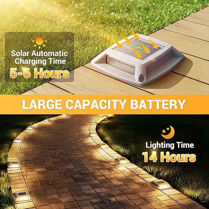 Solar Driveway Lights 10 Pack Solar Powered IP68 Waterproof Dock Lights 4 LED Driveway Markers Deck Light for Dock Pathway Walkway Sidewalk Garden Yard Stair Marine Use (Warm)