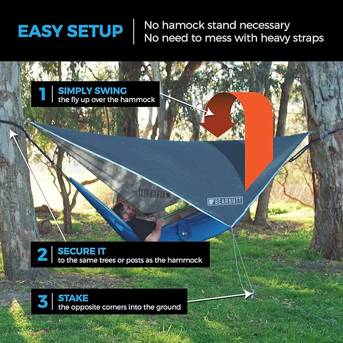 Bear Butt Hammock Rain Fly &amp Camping Tarp - 11 x 9 ft Ultralight Waterproof Tarp for Hammock &amp Tent Camping - Easy to Set Up