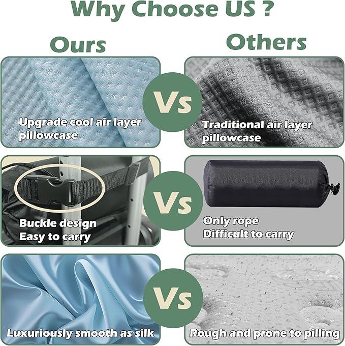 Cooling Camping Pillow Memory Foam Travel Pillow with Adjustable Buckle Strap &amp Storage Bag Compact Small Pillow for Airplane Car Lumbar Office Washable Cooling Cover Canopy Green