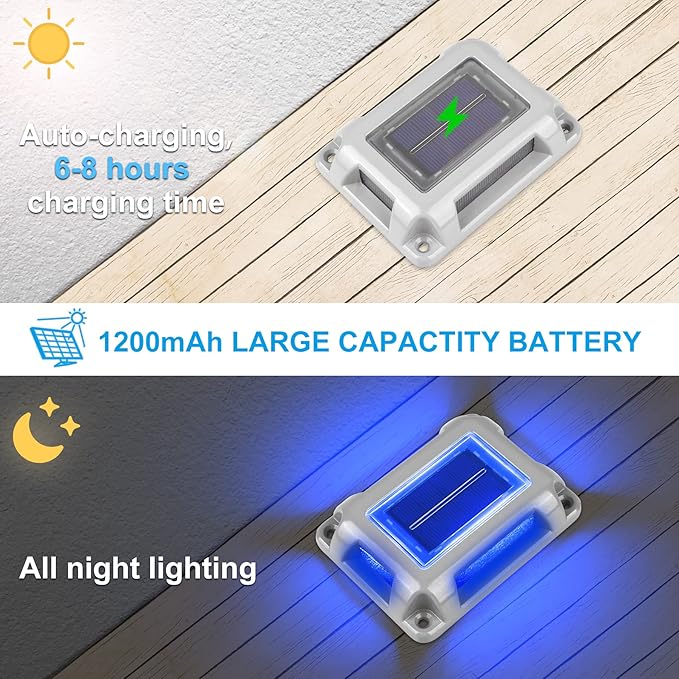 Solar Deck Lights Driveway Dock Lights- 8 Packs Waterproof 1200mAh Solar Powered Outdoor LED Aluminum Dock Lighting Road Markers Step Light for Driveway Sidewalk Garden Pathway Yard (Blue)