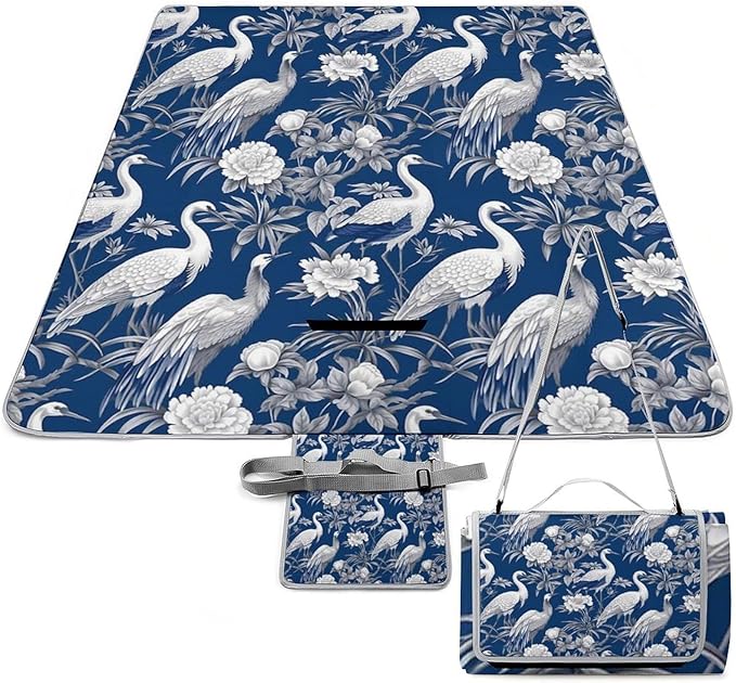 Blue and White Chinese Style Chinoiserie Folk Waterproof Outdoor Picnic Blanket Sandproof Beach Mat for Camping Hiking Grass Travelling