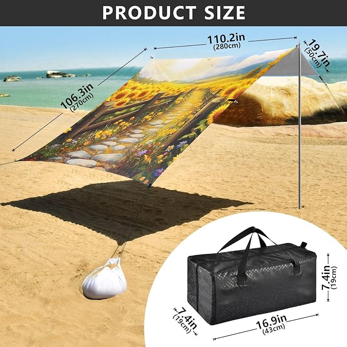 Bolaz Beach Canopy Tent Sun Shade9'×10.5' Large Family Beach Shade UPF50+- Outdoor Shade for Camping Trips FishingSunflower Field Wooden Fence