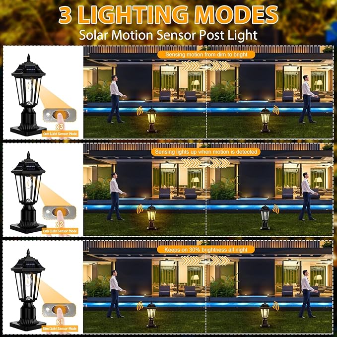 2Pack Solar Lamp Post Light Outdoor 3000K Dusk to Dawn with Motion Sensor &amp Pier Mount Base Waterproof Solar Post Lights for Garden Yard Pole 3 Modes(Warm White)
