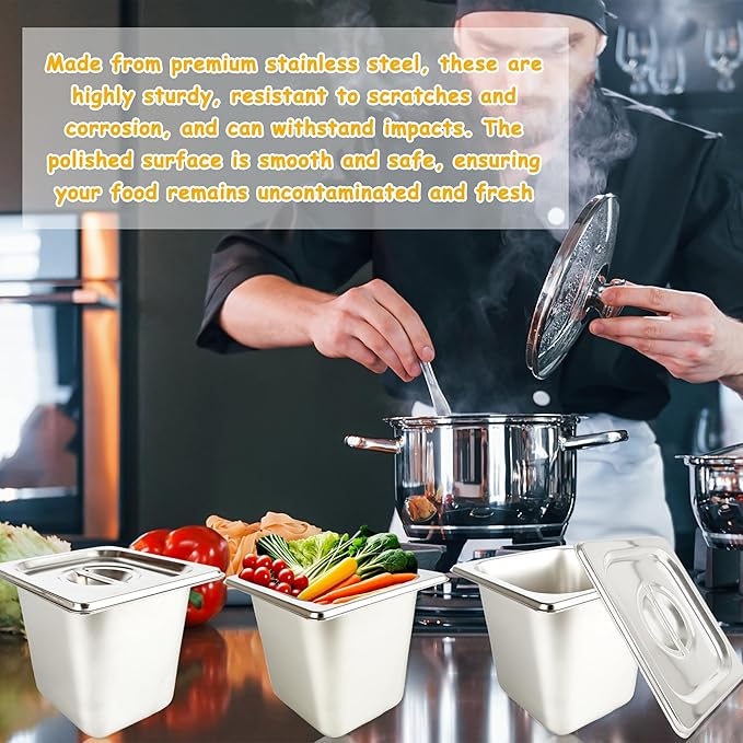 9 Pcs 1/6 Size 6 Inch Deep Restaurant Hotel Pan with Lids Stainless Steel Steam Table Pan Commercial Catering Metal Food Trays Warming Pans for Food Hotel Buffet