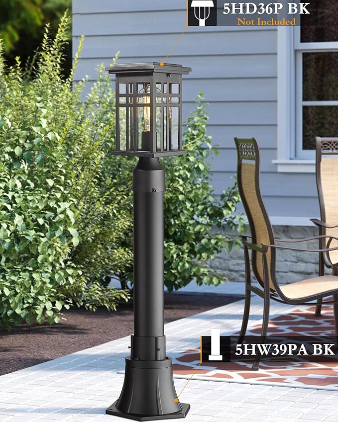 Outdoor Post Light Pole with Base HWH Outside Lamp Post Accessories Black Aluminum Mounting Pole and Base for Exterior Pathway Patio Garage Yard Garden 5HW39PA BK