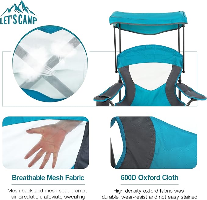 LET'S CAMP Camp Chair with Shade Canopy Folding Camping Chair with Cup Holder and Carry Bag for Outdoor Camping Hiking Beach Heavy Duty 350 LBS