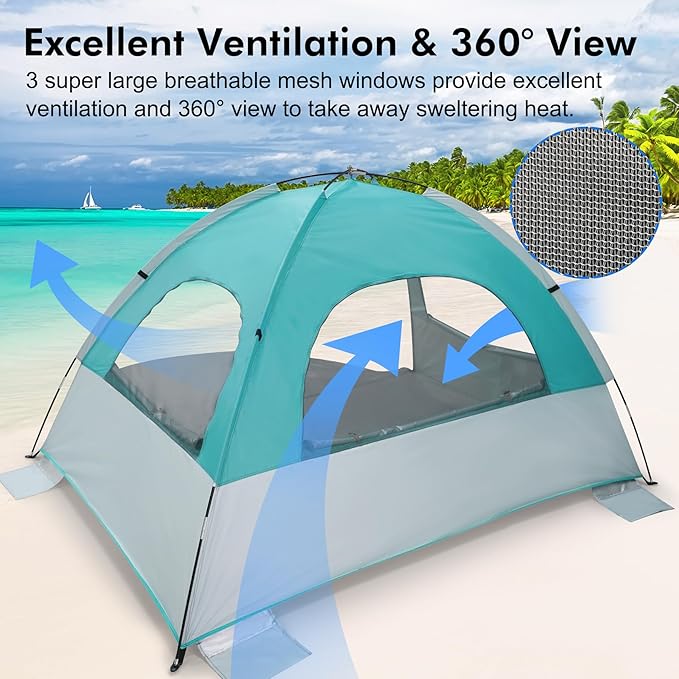 WhiteFang Beach Tent Anti-UV Portable Sun Shade Shelter for 3/4/6/8 Person Extendable Floor with 3 Ventilating Mesh Windows Plus Carrying Bag Stakes and Guy Lines
