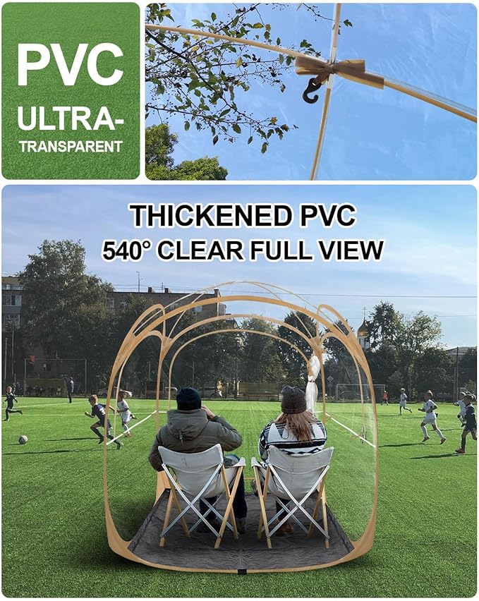 Pop Up Sports Tent - Thick PVC Scratch-Resistant Bubble Clear Tent Instant Weather Proof Pod with Extra Top Cover for Soccer Football Games Outdoor Events 1-2 Person